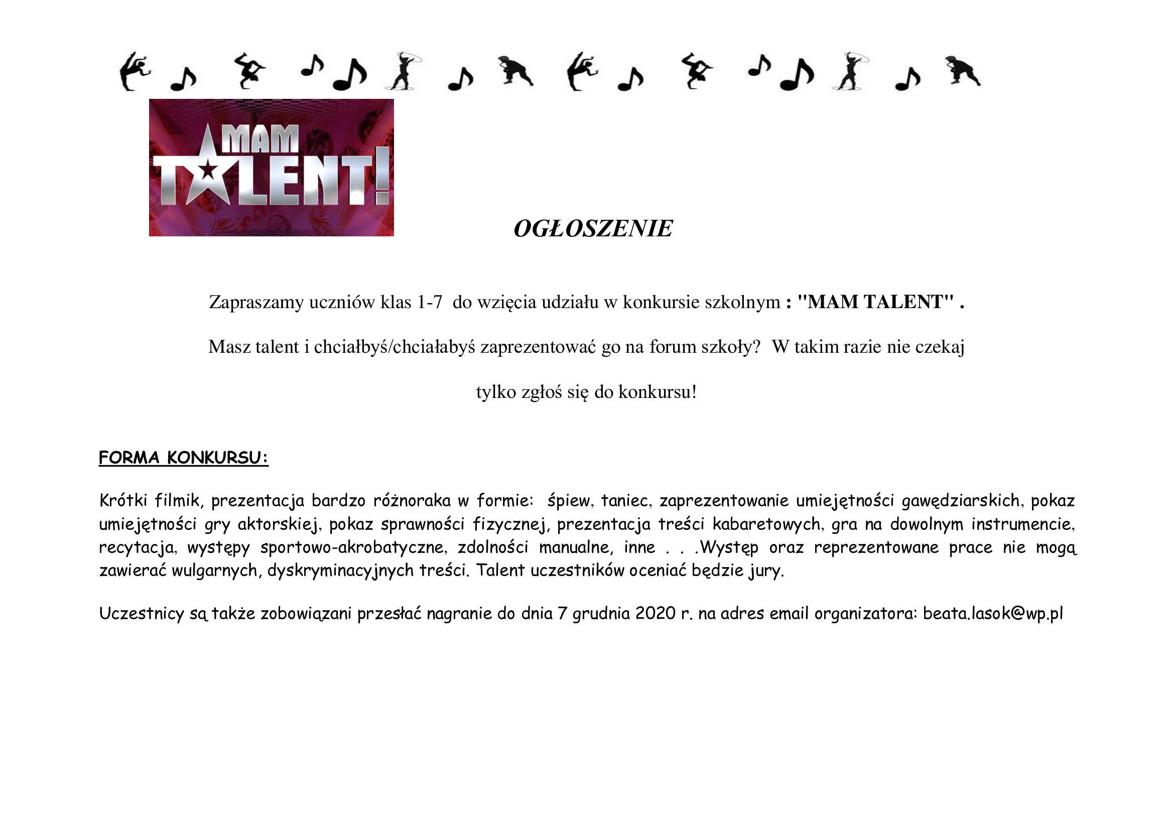 ogłoszenie o konkursie szkolnym Mam talent 